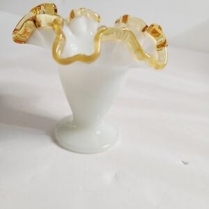 Vintage MCM Fenton Milk Glass Amber Gold Crest Ruffled Pedestal Vase